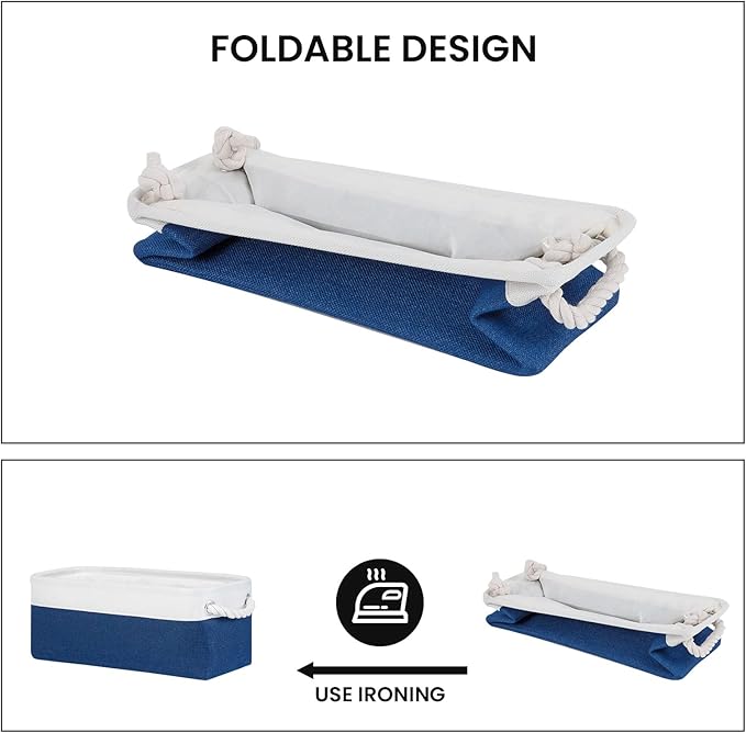 DULLEMELO Toilet Paper Storage Basket, Toilet Paper Basket for Back of Toilet, Bathroom Storage Basket for Cosmetics Towels Toilet Paper, Toilet Tank Basket with Rope Handles for Toilet(White&Blue)