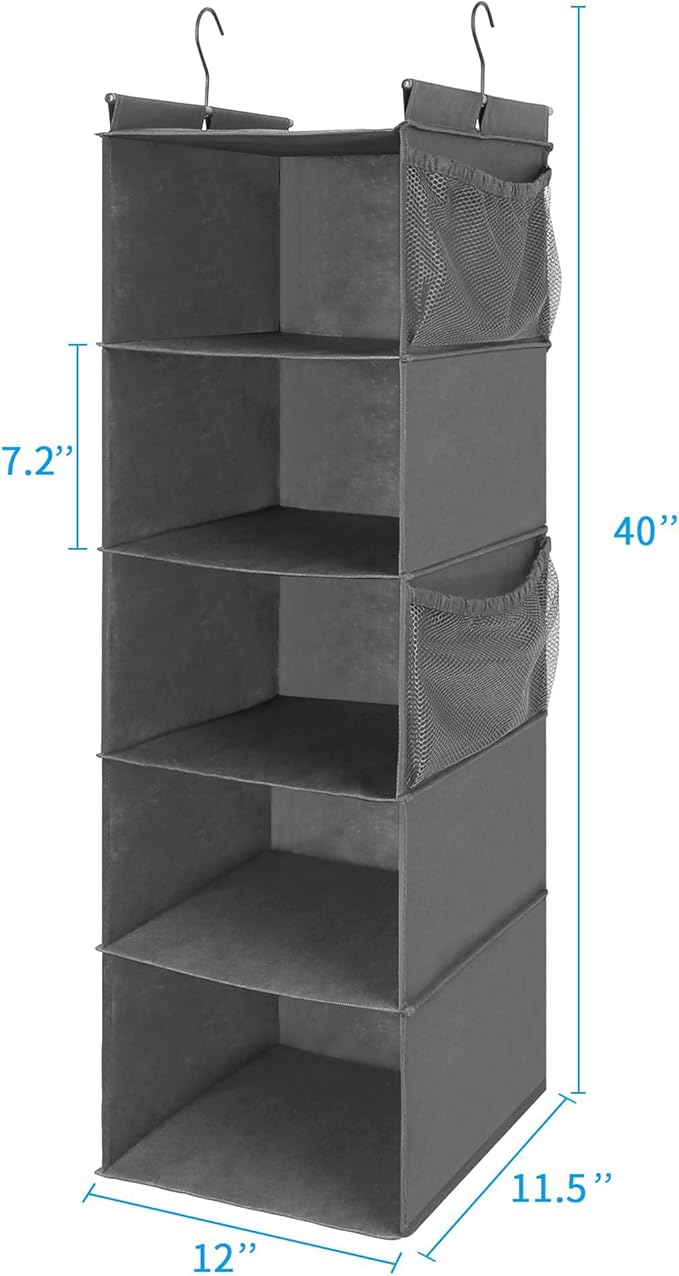 MAX Houser 5 Shelf Hanging Closet Organizer, Space Saver, Cloth Hanging Shelves with 4 Side Pockets, Foldable, Grey