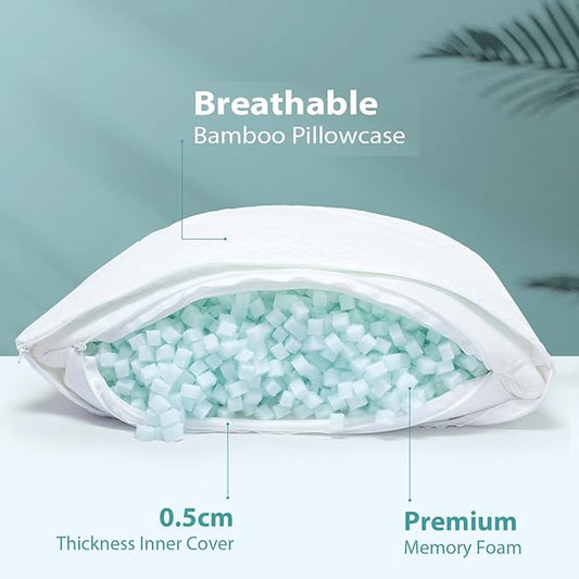 Queen Size Bed Pillow for Sleeping Shredded Memory Foam Adjustable Loft Pillows with Cooling Washable Pillow Case, 20x30 inches