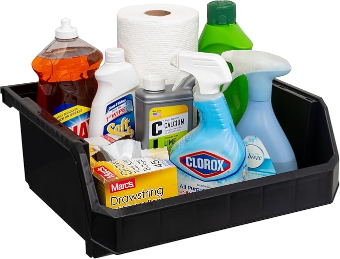 ReadySpace Plastic Containers for Organizing and Storage Bins for Closet, Kitchen, Office, Garage or Pantry Organization, Stackable Bins, Extra Large (14.8" x 16.5" x 7"), 4-Pack, Black