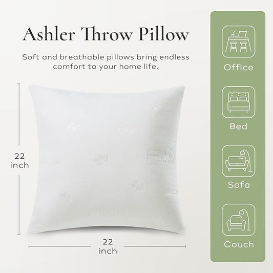 Ashler Throw Pillow Inserts 22 x 22 Inches Set of 2,Firm and Fluffy Decorative Square Pillows with Air Layer, Indoor Square Cushion Stuffer for Couch Bed Sofa and Living Room