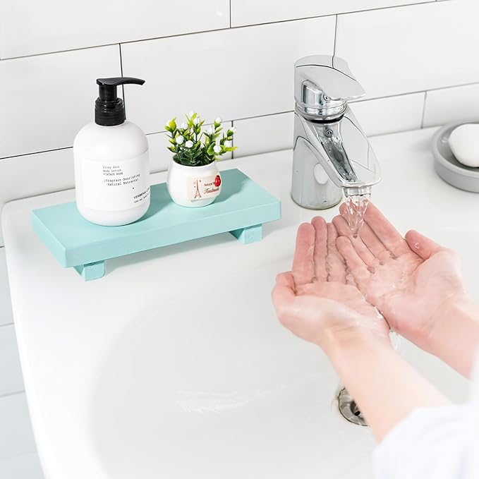 Small Wood Tray Pedestal Stand Farmhouse Bathroom Decor Decorative Wooden Riser Kitchen Soap Dish Holder for Vanity, Counter, Sink, Light Blue