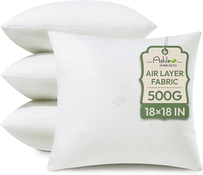 Ashler Throw Pillows Insert- 18x18 Pillow Inserts with Air Layer, Premium Bed and Couch Pillows - Indoor Decorative Throw Pillow, Square Cushion Sham Stuffer, Pack of 4, White