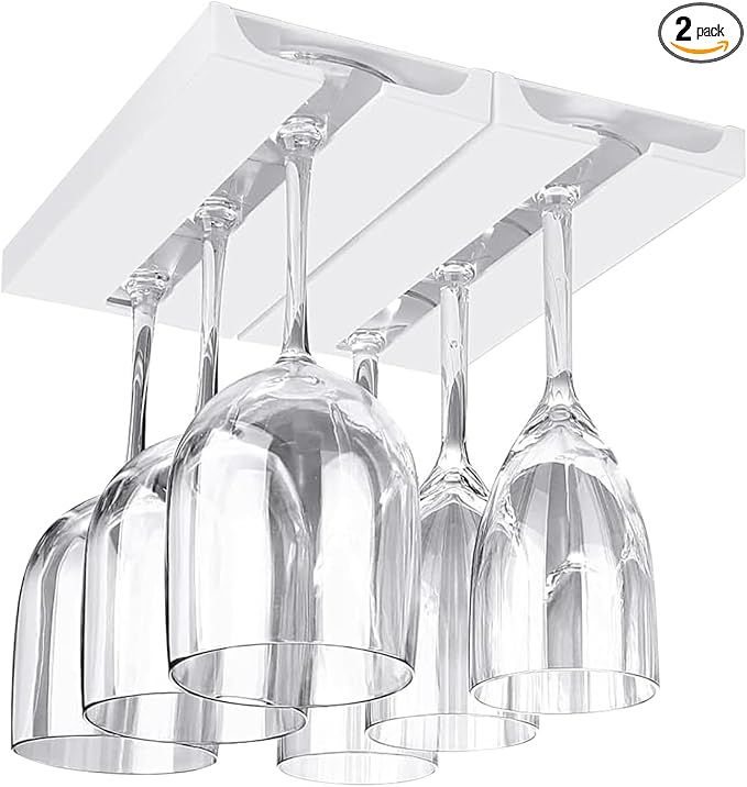 DESONAUT 2 Pcs Wine Glass Holder Under Shelf or Cabinet Punch-free,Stemware Rack Glassware Drying Storage Hanger for Kitchen,Bar and Restaurant (White)