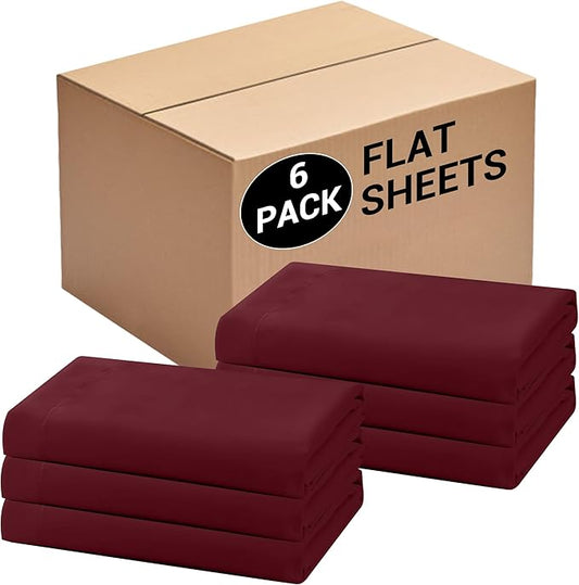 Bulk Queen Flat Sheets Only, 6 Pack Quick Sort Top Bed Sheet, Color-Coded Label Threads, Wrinkle-Free Shrinkage Durable Microfiber Hotel Motel Airb&bs Essentials for Hosts (90"x102",Burgundy)
