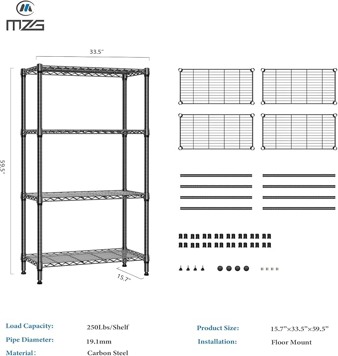 M MZG 1000 lbs 4 Tier Shelf Metal Storage Shelves Shelving Wire Rack Heavy Duty Closet Organizers for Garage Kitchen Bathroom Laundry Black 15.7" D x 33.5" W x 59.5" H