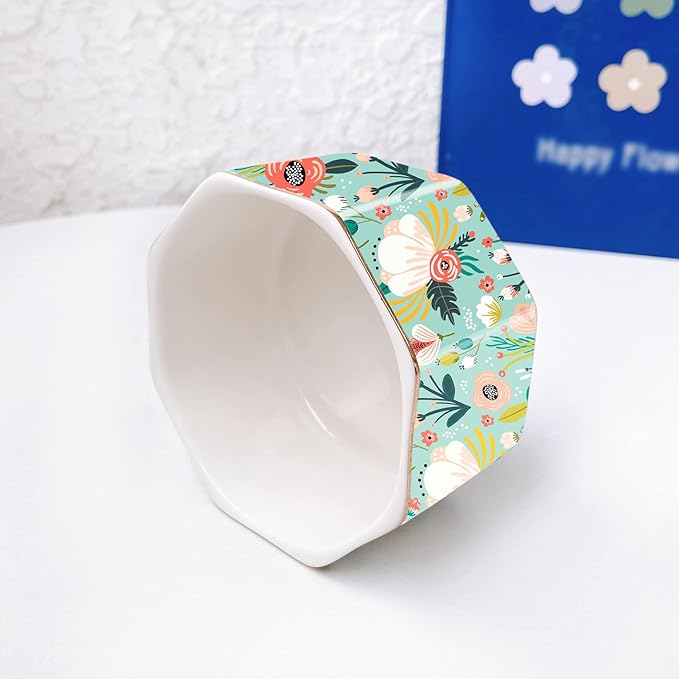 LEAZUL Ceramic Paper Clip Holder Gold Line Paper Clip Dispenser Organizer for Desk Cute Floral Pattern Office Binder Clip Holder Bobby Pin and Hair Clip Holder Gift for Office Mint Flowers