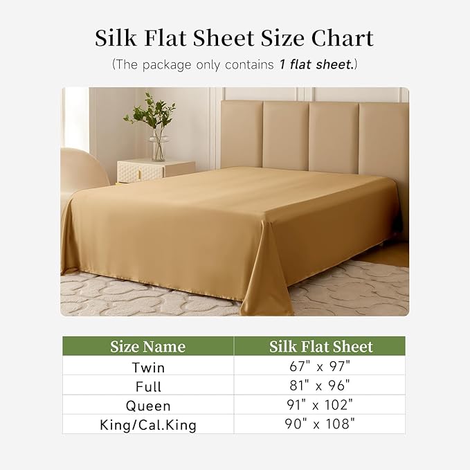 THXSILK 22 Momme 1 Pcs Silk Flat Sheet, 100% Top Grade Pure Mulberry Silk Bed Sheet Breathable Cooling Comfortable Safe Material Ultra Soft Bedding Durable (Twin, Metallic Gold)
