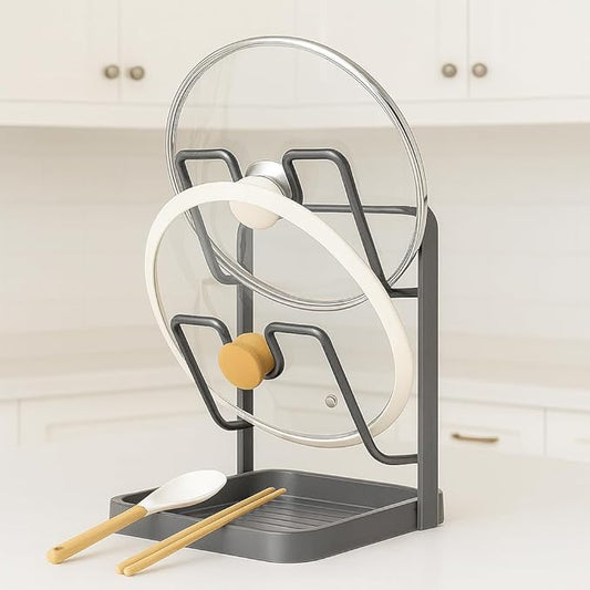 Hlonns Kitchen Pot Lid Storage Rack, Double Layer Pot Lid Organizer Rack & Holder While Cooking, Metal Pot Lid Stand with Spoon Rest and Removable Drip Tray, Space-Saving Design (Gray, 2)