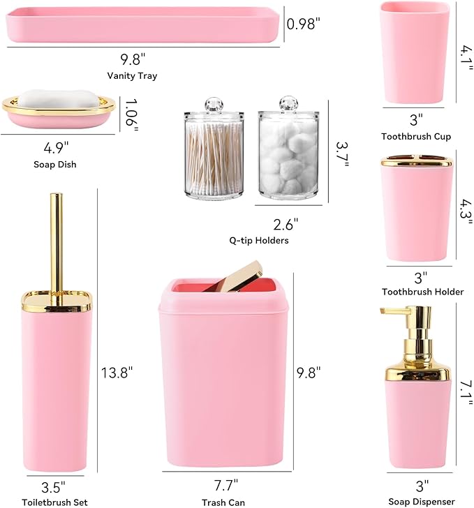 XLHOMO Pink Bathroom Accessories Set, Pink and Gold Bathroom Accessories with Trash Can, Soap Dispenser, Soap Dish, Toothbrush Holder and Q-tip Holders
