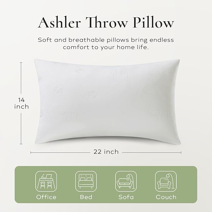 Ashler Throw Pillow Inserts- 14x22 Pillow Inserts with Air Layer, Premium Bed and Couch Pillows - Indoor Decorative Throw Pillow, Lumbar Cushion Sham Stuffer, Pack of 2, White