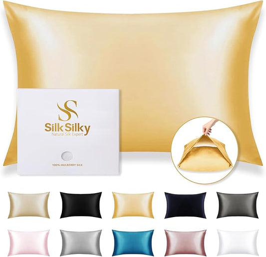 SilkSilky 100% Mulberry Silk Pillowcase - Pure 22 Momme High-Grade 6A Fibers for Hair & Skin, Envelope Closure, Natural, Organic, Breathable & Cooling Pillow Case (Queen, Champagne)