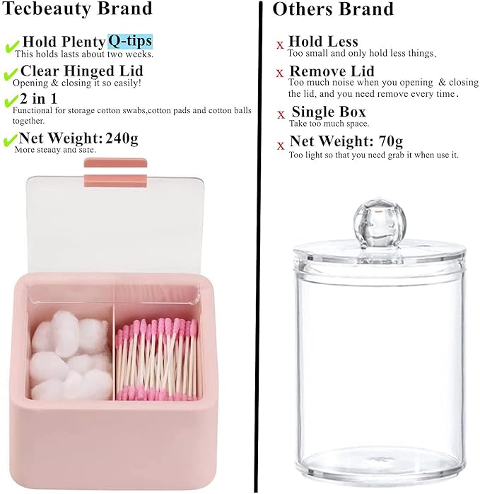 Tecbeauty Qtips Storage Organizer - 2 Grids Separate Cotton Swabs Dispenser Qtips Holder Bathroom Canisters with Hinged Lids for Cotton Balls, Pads, Pink