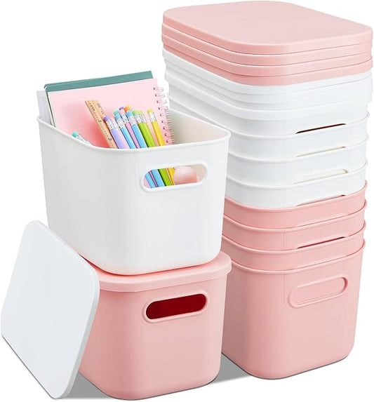 Hoolerry 8 Pieces Colorful Storage Bins with Lid, Plastic Storage Basket Organizing Container Stackable Box with Handle for Shelves Desktop Playroom Office(9.8 x 7.1 x 6.3 Inch,White and Pink)