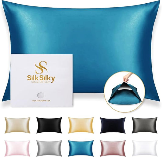 SilkSilky 100% Mulberry Silk Pillowcase - Pure 22 Momme High-Grade 6A Fibers for Hair & Skin, Envelope Closure, Natural, Organic, Breathable & Cooling Pillow Case (Queen, Teal)