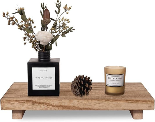 Small Wood Tray Pedestal Stand Farmhouse Bathroom Decor Decorative Wooden Riser Kitchen Soap Dish Holder for Vanity, Counter, Sink, Large 11.8" x 7" - Brown