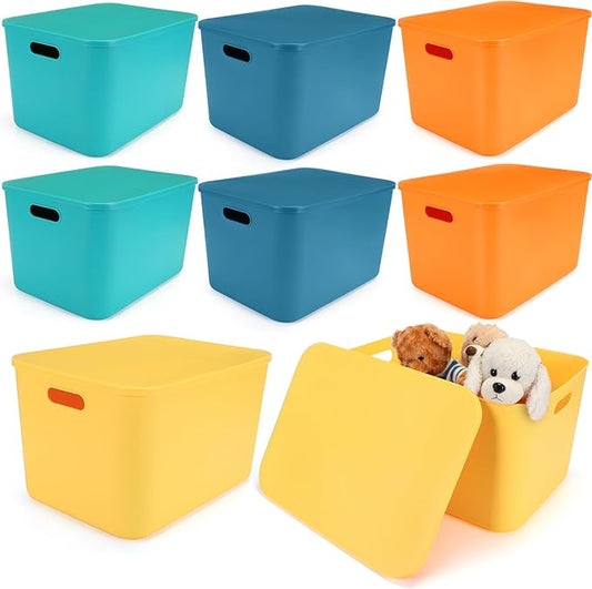 Hoolerry 8 Pieces Colorful Storage Bins with Lid, Plastic Storage Basket Organizing Container Stackable Box with Handle for Shelves Desktop Playroom Office(16.1 x 12.0 x 9.7 Inch,Multi-colored)