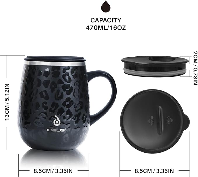 Ideus 16 oz (470 ml) Insulated Coffee Mug with Handle and Lid, Double Wall Stainless Steel Vacuum Thermal Coffee Mug, Travel Coffee Cup Thermal Cup for Home and Office, Leopard Black