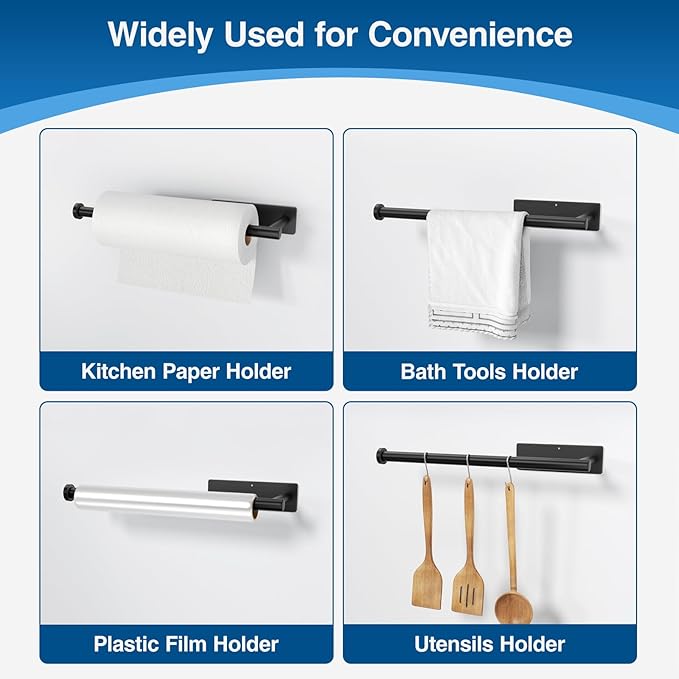 Paper Towel Holder - Self-Adhesive or Drilling, Matte Black Wall Mounted Rack - SUS304 Stainless Steel Kitchen Roll Dispenser Under Cabinet