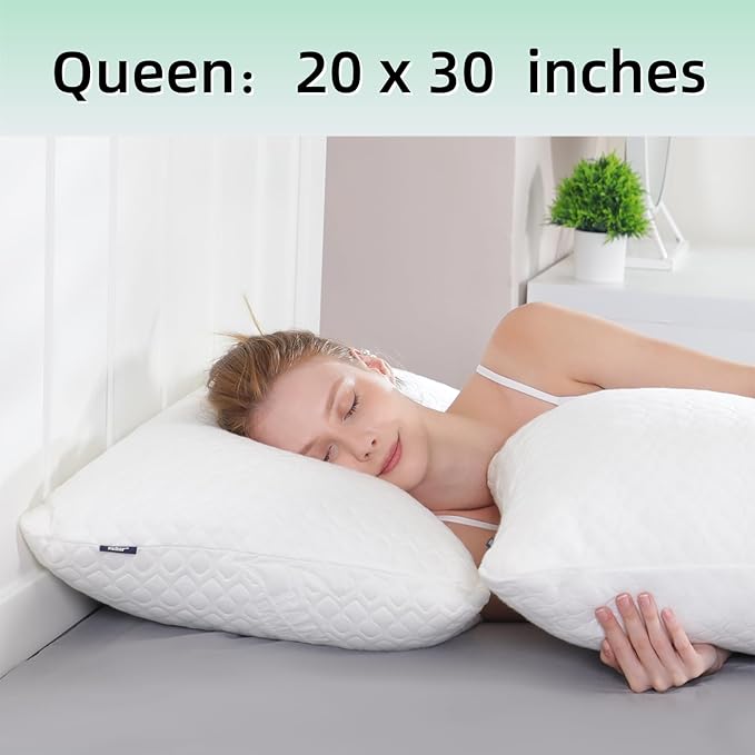 Queen Size Bed Pillow for Sleeping Shredded Memory Foam Adjustable Loft Pillows with Cooling Washable Pillow Case, 20x30 inches