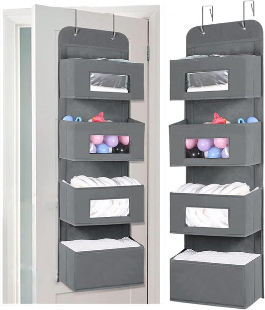 MAX Houser 4-Shelf Over The Door Hanging Organizer with 2 Metal Hooks,4 Pocket Over The Door Wall Mount Storage with Clear Windows for Baby Nursery Bathroom Closet,Bedroom,Dorm,Diapers,Kids Toys(Gray)