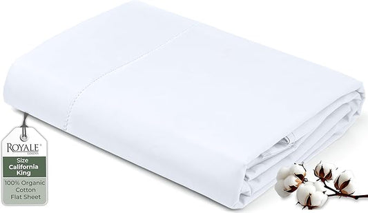 Royale Linens 100% Organic Cotton King Flat Sheet Only - Super Soft - Percale Top Sheets - King Flat Sheet Sold Separately - Breathable, Cool & Crisp White Sheets Only (105" x 102", White)