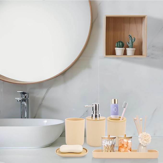 SLDIYWOW Bathroom Accessories, Beige Bathroom Accessories Sets Complete with Trash Can,Tray,Soap Dispenser,Toothbrush Holder,Toothbrush Cup,Soap Dish,Toilet Brush and Q-tip Holders for Bathroom