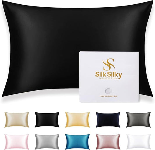 SilkSilky 100% Mulberry Silk Pillowcase - Pure 22 Momme High-Grade 6A Fibers for Hair & Skin, Envelope Closure, Natural, Organic, Breathable & Cooling Pillow Case (King, Black)