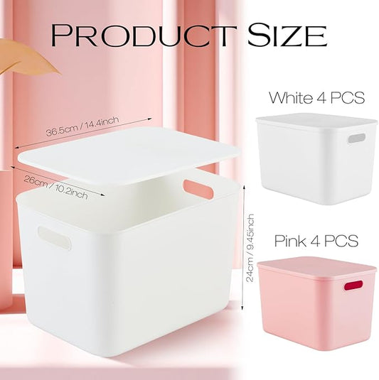 Hoolerry 8 Pieces Colorful Storage Bins with Lid, Plastic Storage Basket Organizing Container Stackable Box with Handle for Shelves Desktop Playroom Office(14.2 x 10.2 x 9.5 Inch,White and Pink)