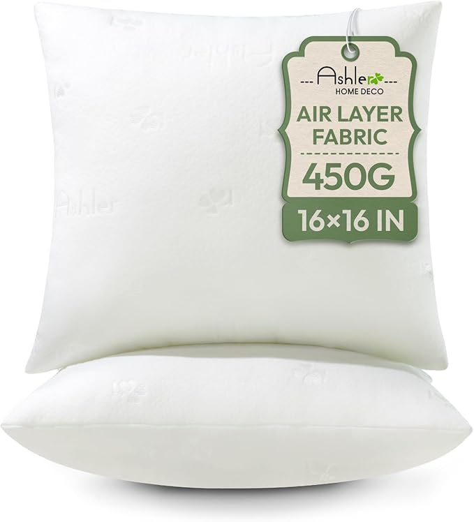 Ashler Throw Pillow Inserts- 16x16 Pillow Inserts with Air Layer, Premium Bed and Couch Pillows - Indoor Decorative Throw Pillow, Square Cushion Sham Stuffer, Pack of 2, White