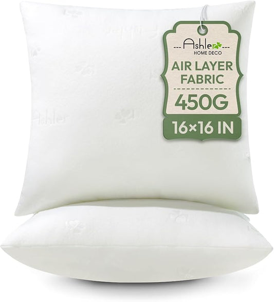 Ashler Throw Pillow Inserts- 16x16 Pillow Inserts with Air Layer, Premium Bed and Couch Pillows - Indoor Decorative Throw Pillow, Square Cushion Sham Stuffer, Pack of 2, White