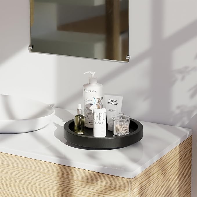 13" Acacia Wood Lazy Susan Organizer for Cabinet - Round Black Lazy Susans Turntable for Countertop - Wooden Kitchen Rotating Storage Food Bin Container for Centerpiece Table, Spices, Pantry