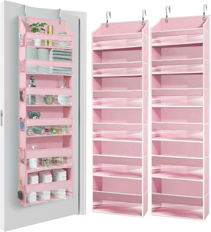 HOMELUX THEORY UPGRADED 6 Tiers Over The Door Organizer Hanging - 100D EXTRA THICK & 50lbs HUGE CAPACITY, 12 Side Mesh Pockets Over The Door Shoe Organizer, Hanging Closet Organizer (Baby Pink, 2pc)