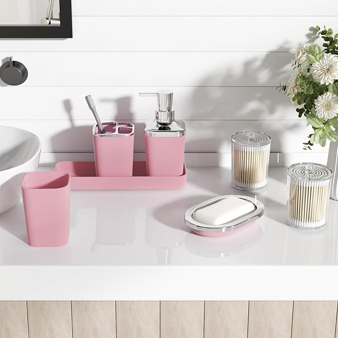 XLHOMO Bathroom Accessory Set–Bathroom Sets with Shower Curtain and Rugs, Non Slip Bathroom Rugs Super Absorbent, Pink Ombre Waterproof Shower Curtain with Hooks, Pink Bathroom Sets Complete for Home