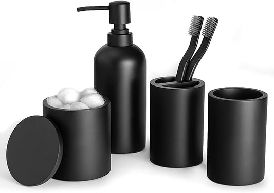 Jo Lavie Bathroom Accessory Set - 4 Pcs Matte Black Bathroom Set with Toothbrush Holder, Soap Dispenser, Tumbler & Cotton Swab Jar - Bathroom Vanity Countertop Organizer, Bathroom Decor Sets