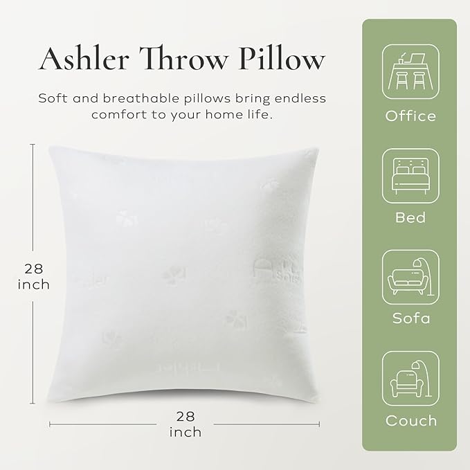 Ashler Throw Pillow Inserts 28 x 28 Inches Set of 2,Firm and Fluffy Decorative Square Pillows with Air Layer, Indoor Square Cushion Stuffer for Couch Bed Sofa and Living Room