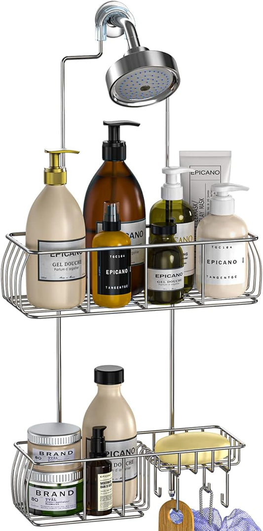 Epicano Anti-Swing Hanging Shower Caddy Stainless Steel 304, Over Head Shower Caddy Rustproof with hooks for Towels, Sponge and more, Chrome