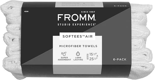 Fromm Softees Air Microfiber Lightweight Salon Hair Towels for Hairstylists, Barbers, Spa, Gym in White, 15.5" by 25.5", 6 count Perfect Hair Care Towel for Drying Curly, Long, Wavy Hair