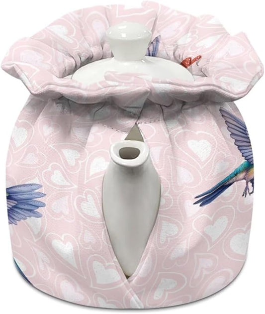 Love Hummingbird Tea Pot Cozies Dustproof Breakfast Pot Lid Valentine Washable Kitchen Home Decorative Insulation and Keep Warm Both Sides Drawstring