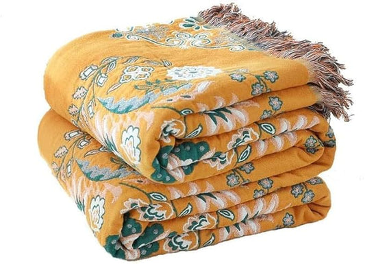 Boho Throw Blanket for Bed,100% Cotton Ultra Soft Lightweight Muslin 4-Layer Breathable Woven Throws 60''x 80'' Blanket Yellow Floral Printed Farmhouse Decor Bed Blankets