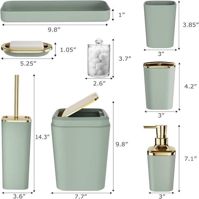 XLHOMO Bathroom Set, Sage Green Bathroom Accessories Set with Press-on Lid Bathroom Trash Can, Soap Dispenser, 10PC Bathroom Accessory Set for Home