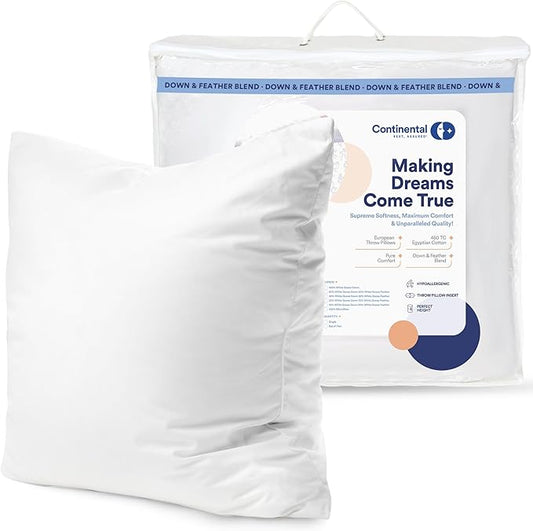Continental Bedding | 10/90 Down and Feather Throw Pillow Insert | 100% Cotton 250TC Shell | Medium Loft Decorative Cushion | 26x26 | 1 Pack
