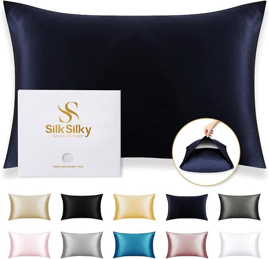 SilkSilky 100% Mulberry Silk Pillowcase - Pure 22 Momme High-Grade 6A Fibers for Hair & Skin, Envelope Closure, Natural, Organic, Breathable & Cooling Pillow Case (Standard, Dark Blue)