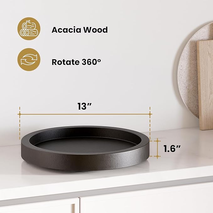 13" Acacia Wood Lazy Susan Organizer for Cabinet - Round Black Lazy Susans Turntable for Countertop - Wooden Kitchen Rotating Storage Food Bin Container for Centerpiece Table, Spices, Pantry