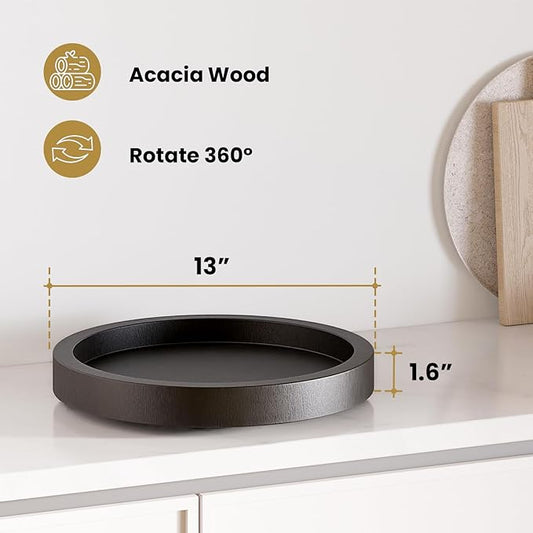 13" Acacia Wood Lazy Susan Organizer for Cabinet - Round Black Lazy Susans Turntable for Countertop - Wooden Kitchen Rotating Storage Food Bin Container for Centerpiece Table, Spices, Pantry