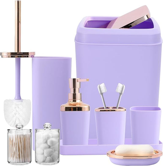 XLHOMO 9-Piece Bathroom Accessories Set, Purple Bathroom Accessories Sets Complete with Trash Can,Tray,Soap Dispenser,Toothbrush Holder,Toothbrush Cup,Soap Dish,Toilet Brush and Q-tip Holders