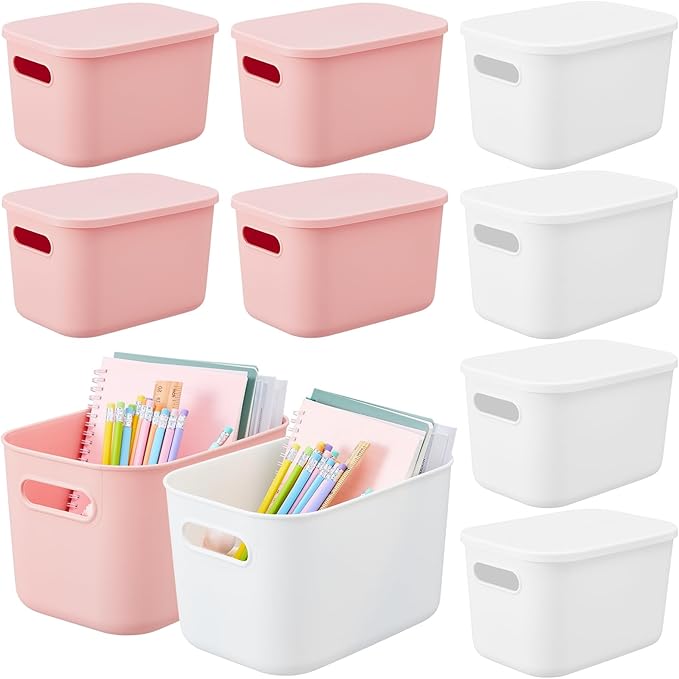 Hoolerry 8 Pieces Colorful Storage Bins with Lid, Plastic Storage Basket Organizing Container Stackable Box with Handle for Shelves Desktop Playroom Office(14.2 x 10.2 x 9.5 Inch,White and Pink)