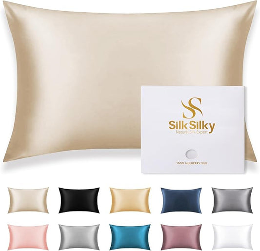 SilkSilky 100% Mulberry Silk Pillowcase - Pure 22 Momme High-Grade 6A Fibers for Hair & Skin, Envelope Closure, Natural, Organic, Breathable & Cooling Pillow Case (King, Beige)