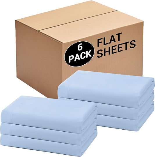 Bulk King Flat Sheets Only, 6 Pack Quick Sort Top Bed Sheet, Color-Coded Label Threads, Wrinkle-Free Shrinkage Durable Microfiber Hotel Motel Airb&bs Essentials for Hosts (105"x102",Light Blue)
