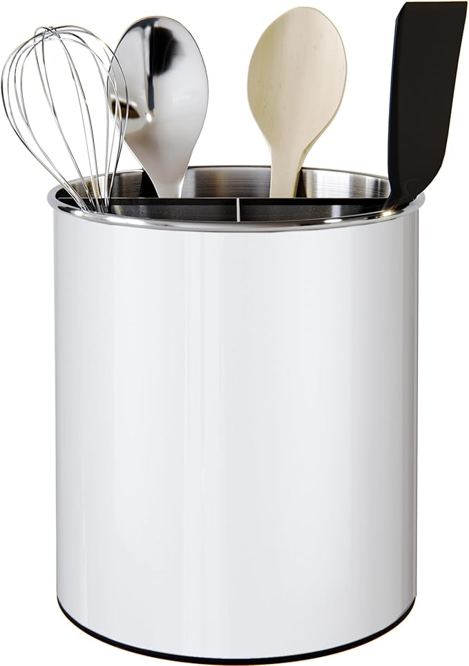 Cooler Kitchen White Rotating Extra Large Stainless Steel Utensil Holder Caddy with Sturdy No-Tip Weighted Base, Removable Divider, and Gripped Insert - Dishwasher Safe Metal Cooking Utensil Holder